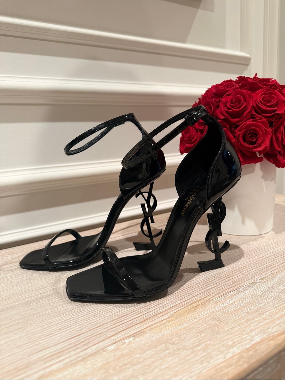 YSL Black Patent Leather Logo-Heel Ankle Strap Sandal - Picture 6 of 7